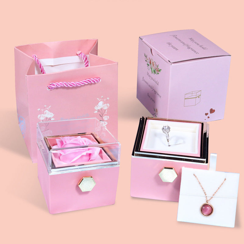 Boîte-cadeau de fleurs de rose rotatif Boîte d'emballage de bijoux de rose rotative créative Cadeau de Saint-Valentin pour les femmes