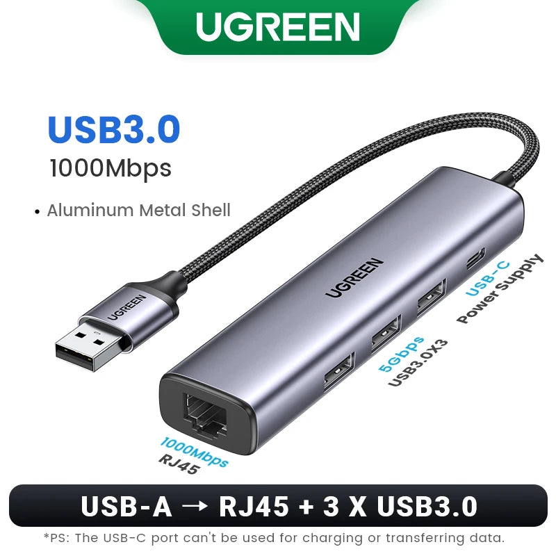 Adaptateur Ethernet USB UGREEN 1000/100Mbps USB3.0 HUB RJ45 Lan pour ordinateur portable Xiaomi Mi Box Macbook Windows USB-C HUB Carte réseau
