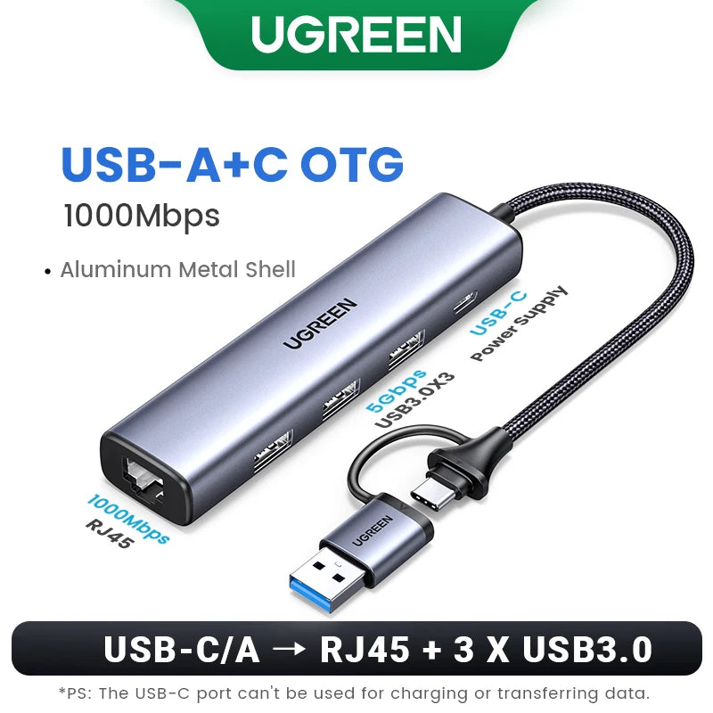Adaptateur Ethernet USB UGREEN 1000/100Mbps USB3.0 HUB RJ45 Lan pour ordinateur portable Xiaomi Mi Box Macbook Windows USB-C HUB Carte réseau