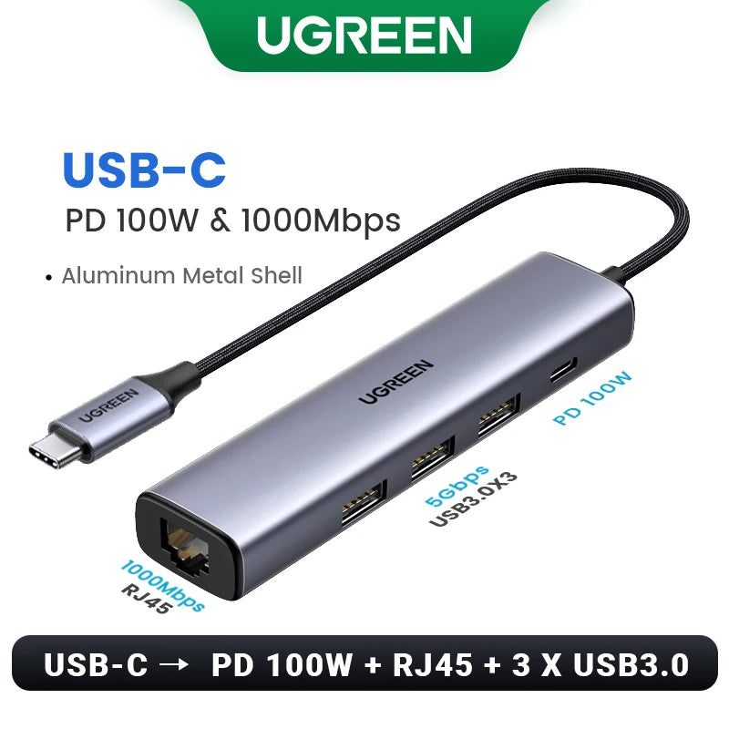 Adaptateur Ethernet USB UGREEN 1000/100Mbps USB3.0 HUB RJ45 Lan pour ordinateur portable Xiaomi Mi Box Macbook Windows USB-C HUB Carte réseau