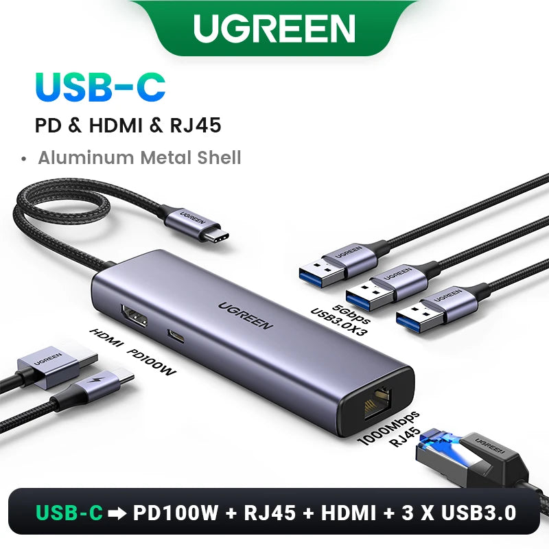Adaptateur Ethernet USB UGREEN 1000/100Mbps USB3.0 HUB RJ45 Lan pour ordinateur portable Xiaomi Mi Box Macbook Windows USB-C HUB Carte réseau