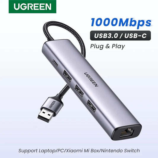 Adaptateur Ethernet USB UGREEN 1000/100Mbps USB3.0 HUB RJ45 Lan pour ordinateur portable Xiaomi Mi Box Macbook Windows USB-C HUB Carte réseau